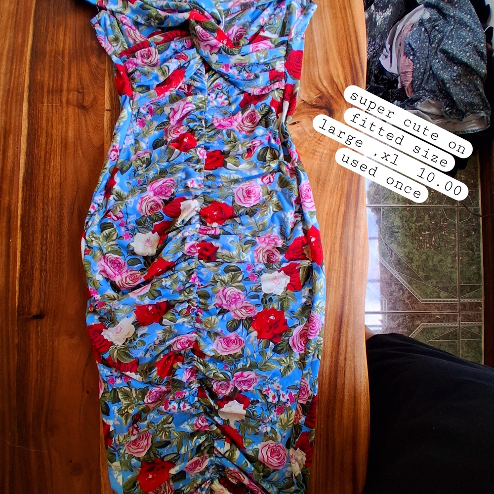 Unk Blue and Pink Ruched Bodycon Midi Dress